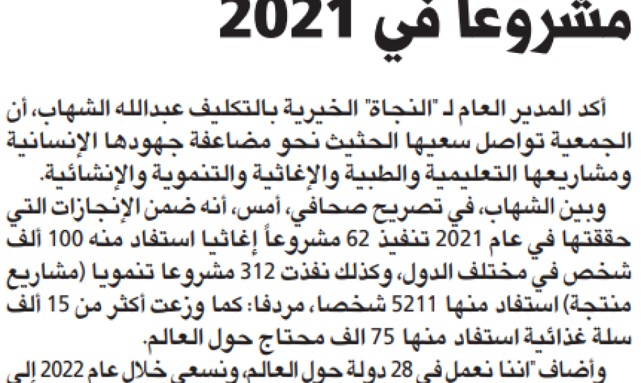 النجاة الخيرية آلاف المستفيدين من مشاريعنا التنموية والإغاثية خلال 2021