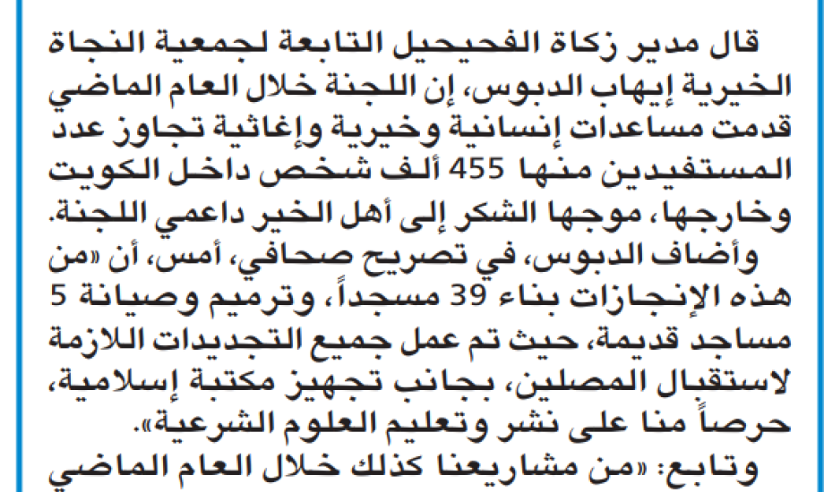 "زكاة الفحيحيل" 455 ألف مستفيد من مشاريعنا خلال 2021